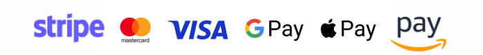 Payment logos (Stripe / Mastercard / Visa / Google Pay / Apple Pay / Amazon Pay)